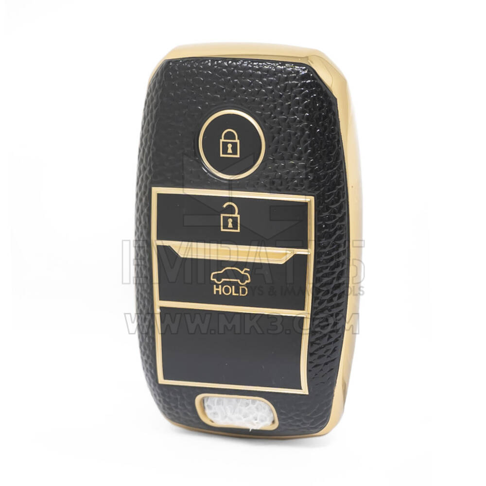 Nano Funda de cuero dorado de alta calidad para mando a distancia KIA, 3 botones, Color negro, KIA-A13J