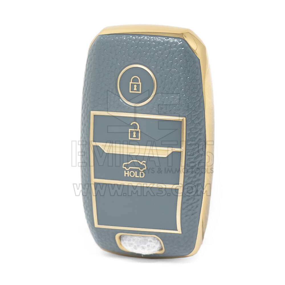 Capa de couro dourado nano de alta qualidade para chave remota KIA 3 botões cor cinza KIA-A13J