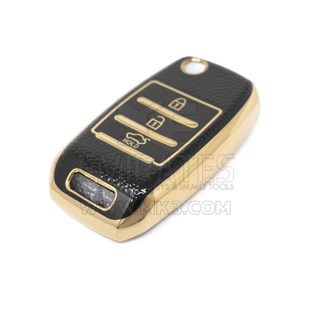 Nuova cover in pelle dorata aftermarket Nano di alta qualità per chiave remota KIA Flip 3 pulsanti Colore nero KIA-B13J | Chiavi degli Emirati