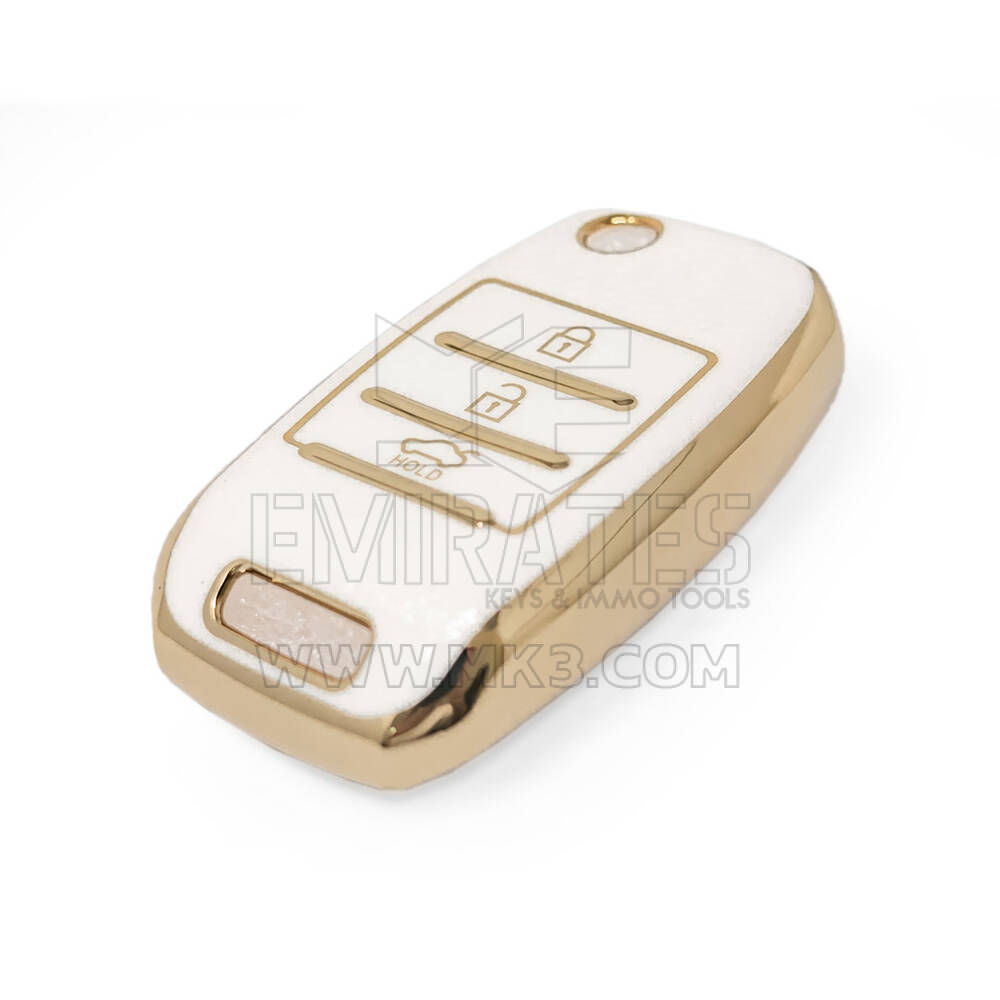 جديد ما بعد البيع نانو غطاء جلد ذهبي عالي الجودة لكيا فليب مفتاح بعيد 3 أزرار أبيض اللون KIA-B13J | مفاتيح الإمارات