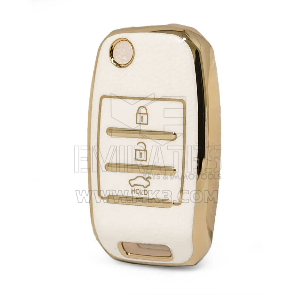 Nano Funda de cuero dorado de alta calidad para mando a distancia KIA Flip, 3 botones, Color blanco, KIA-B13J