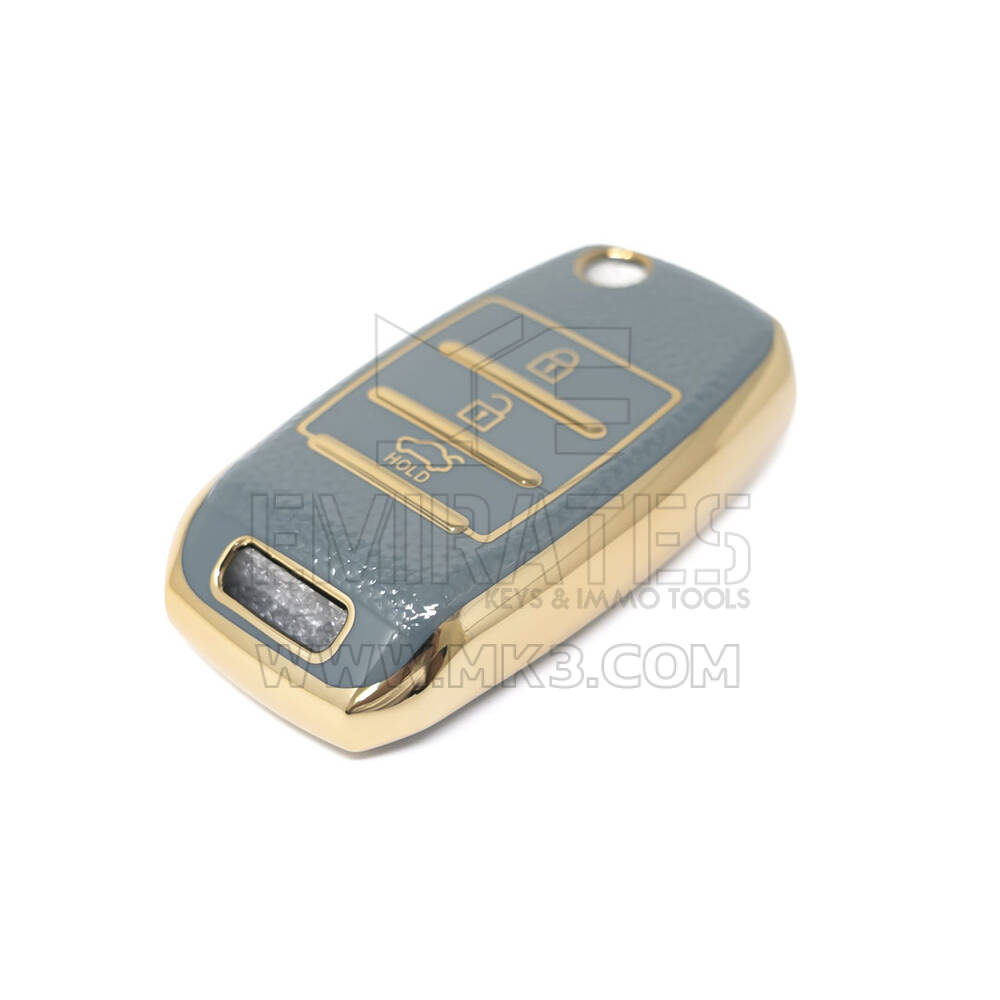 Nueva Funda de cuero dorado de alta calidad Nano del mercado de accesorios para KIA Flip Remote Key 3 botones Color gris KIA-B13J | Cayos de los Emiratos