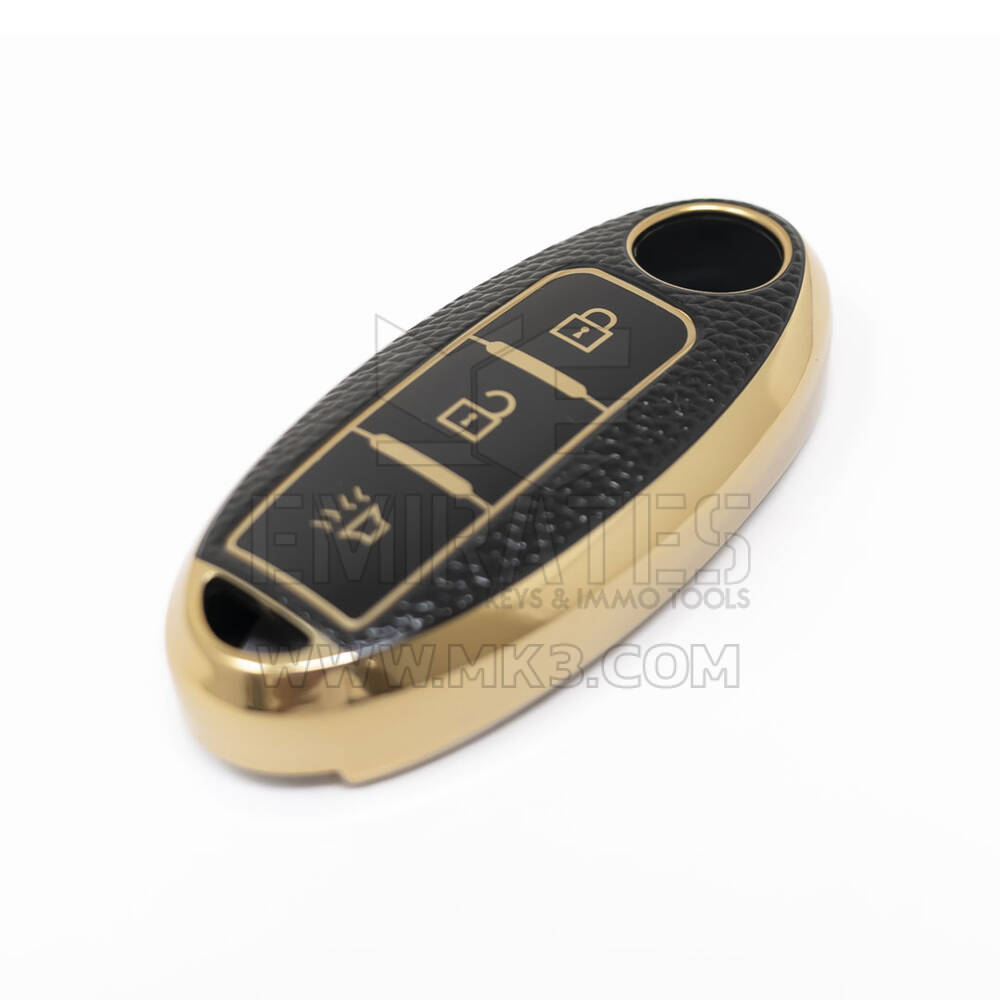 Novo aftermarket nano capa de couro dourado de alta qualidade para chave remota nissan 3 botões cor preta NS-A13J3A Chaves dos Emirados
