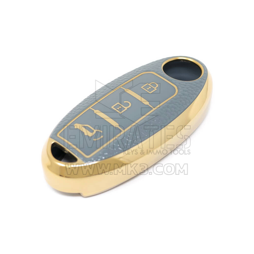 Nueva cubierta de cuero dorado Nano de alta calidad para llave remota de Nissan, 3 botones, Color gris, NS-A13J3B | Cayos de los Emiratos