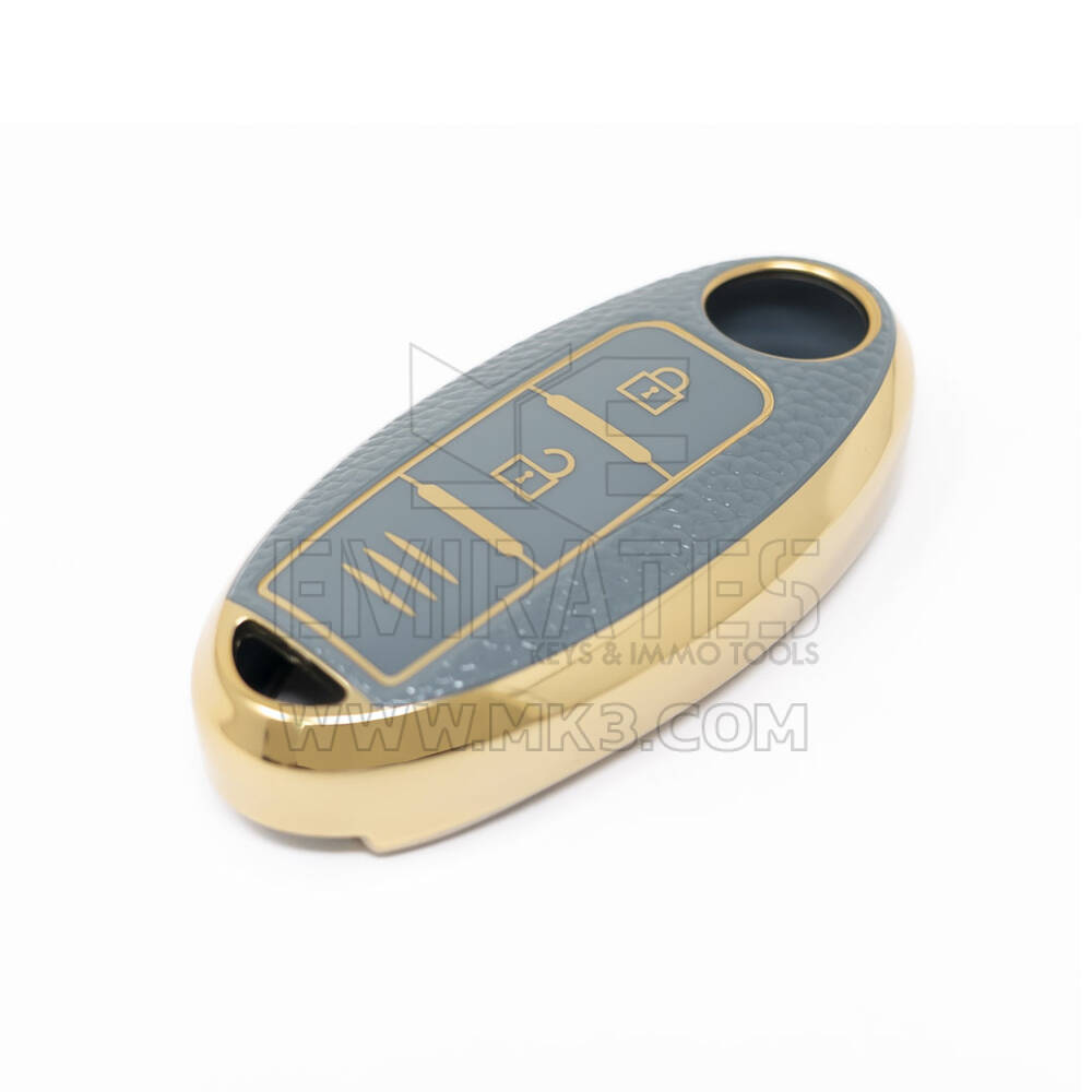 Nueva funda de cuero dorado Nano de alta calidad para llave remota de Nissan, 2 botones, Color gris, NS-A13J3C | Cayos de los Emiratos