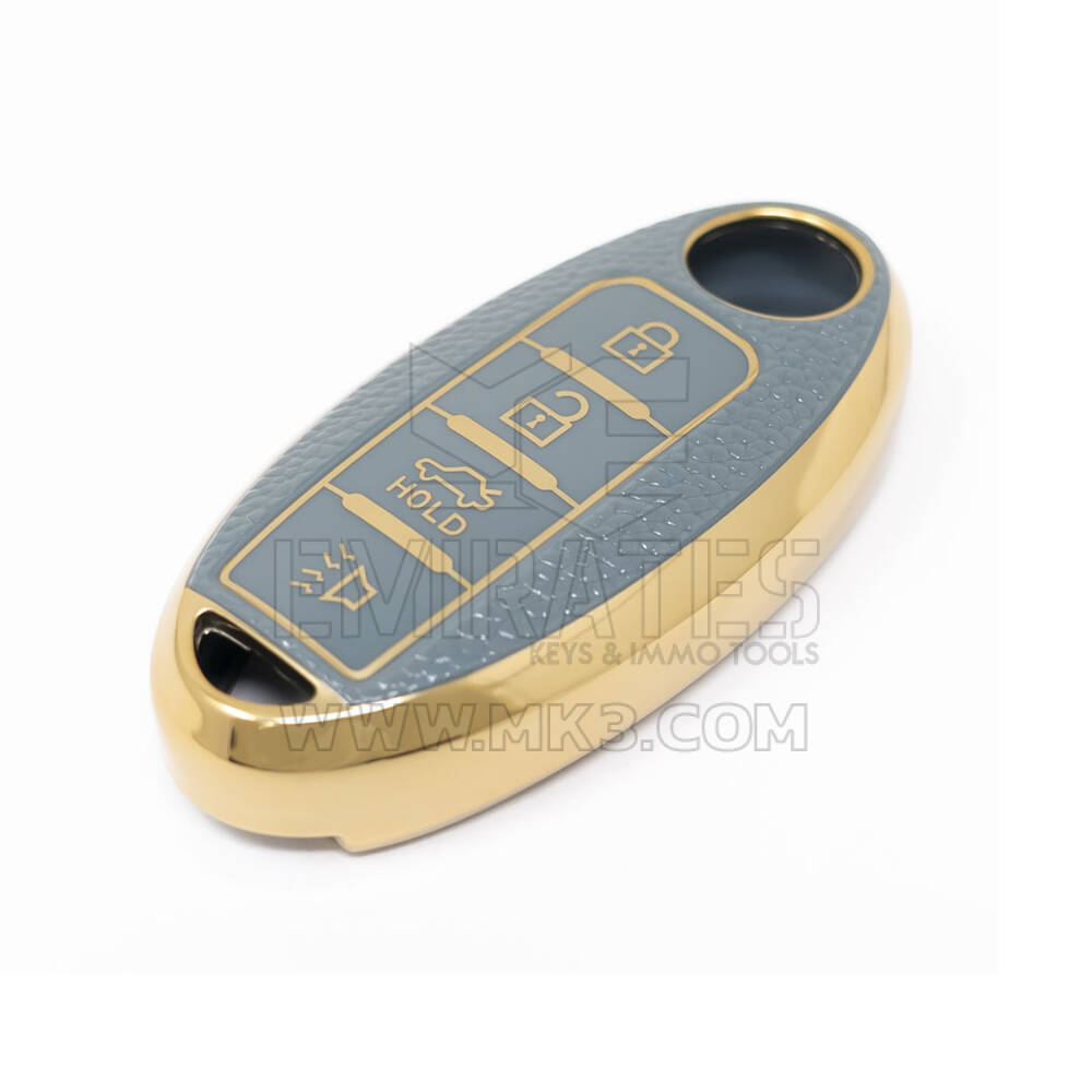 New Aftermarket Nano High Quality Gold Leather Cover For Nissan Remote Key 4 Buttons Gray Color NS-A13J4A | Emirates Keys