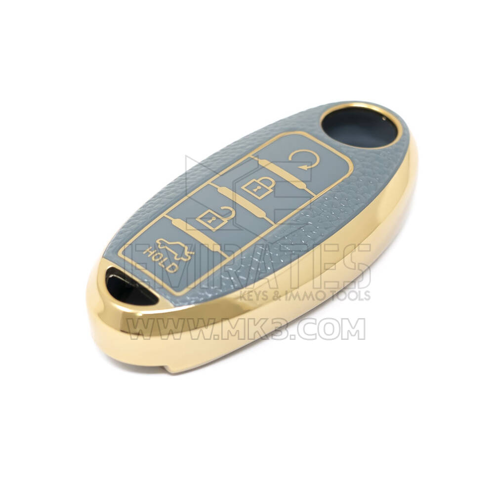 New Aftermarket Nano High Quality Gold Leather Cover For Nissan Remote Key 4 Buttons Gray Color NS-A13J4B | Emirates Keys