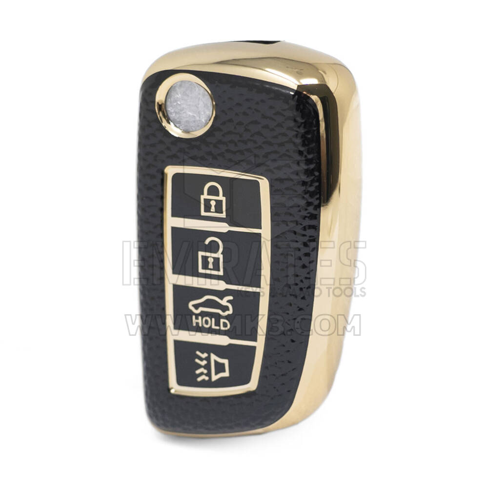 Nano Funda de cuero dorado de alta calidad para llave remota Nissan Flip, 4 botones, Color negro, NS-B13J4