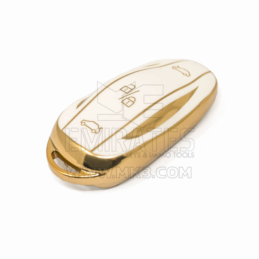 جديد ما بعد البيع نانو عالية الجودة غطاء جلد ذهبي لمفتاح تسلا البعيد 3 أزرار اللون الأبيض TSL-A13J | مفاتيح الإمارات