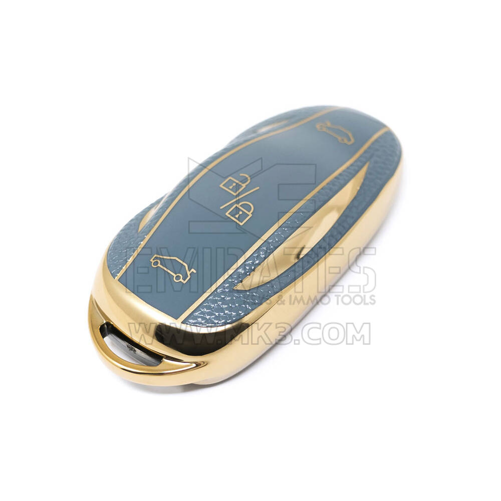 جديد ما بعد البيع نانو عالية الجودة غطاء جلد ذهبي لمفتاح تسلا البعيد 3 أزرار اللون الرمادي TSL-A13J | مفاتيح الإمارات