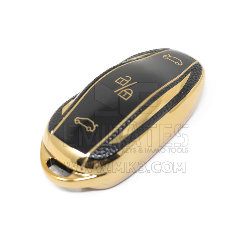 جديد ما بعد البيع نانو عالية الجودة غطاء جلد ذهبي لمفتاح تسلا البعيد 3 أزرار اللون الأسود TSL-C13J | مفاتيح الإمارات