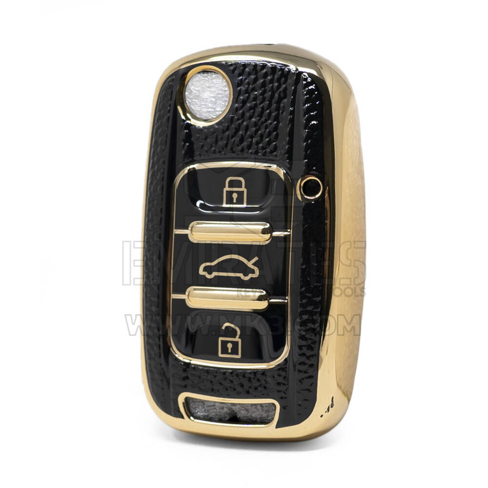 Nano High Quality Gold Leather Cover For Wuling Flip Remote Key 3 Buttons Black Color WL-A13J