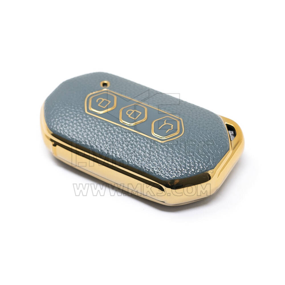 New Aftermarket Nano High Quality Gold Leather Cover For Wuling Remote Key 3 Buttons Gray Color WL-B13J  | Emirates Keys