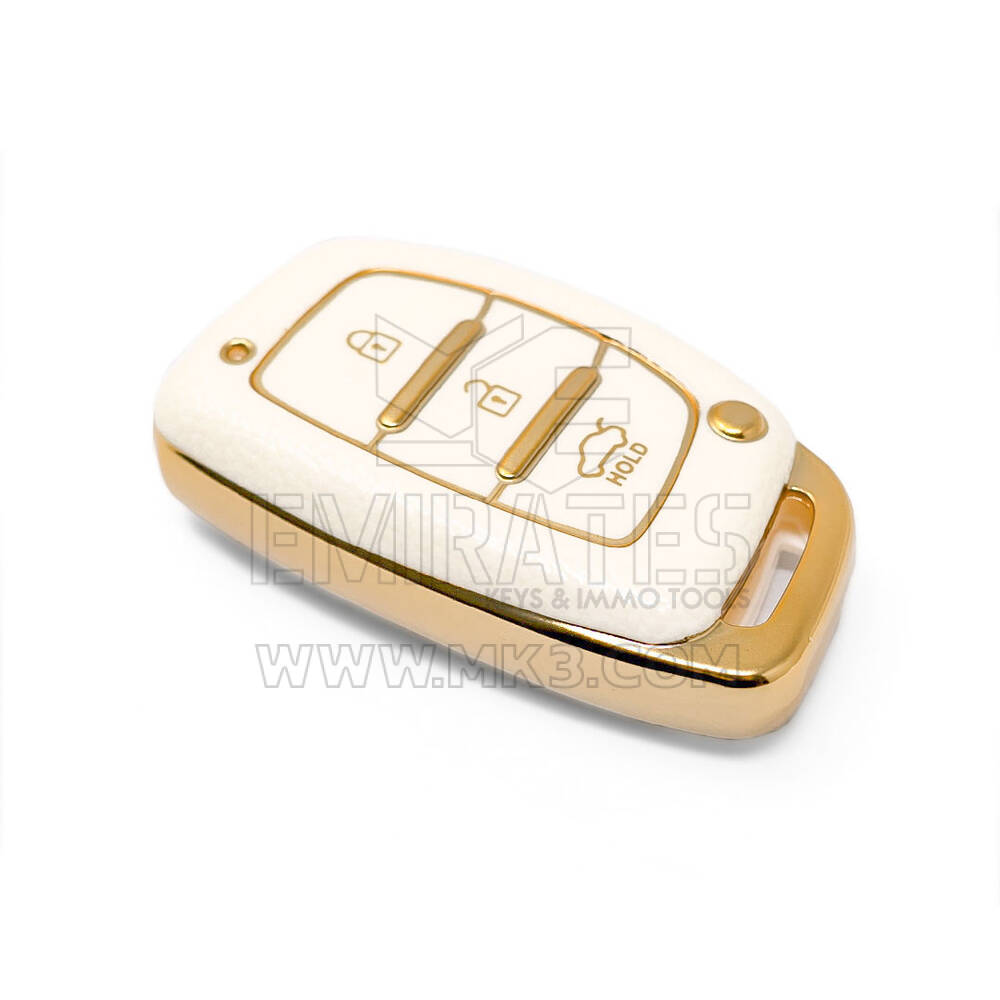 Nuova cover in pelle dorata aftermarket Nano di alta qualità per chiave remota Hyundai 3 pulsanti colore bianco HY-A13J3A | Chiavi degli Emirati
