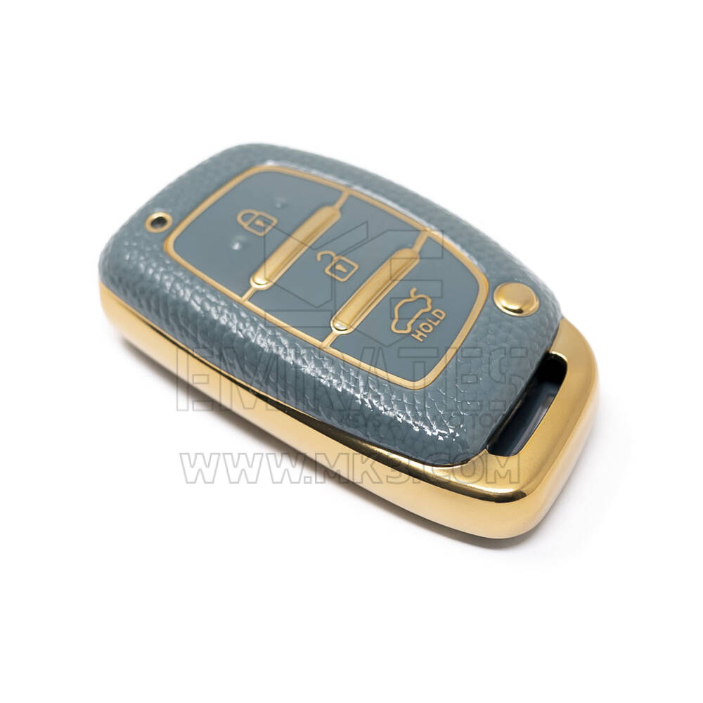 Nuova cover in pelle dorata aftermarket Nano di alta qualità per chiave remota Hyundai 3 pulsanti colore grigio HY-A13J3A | Chiavi degli Emirati