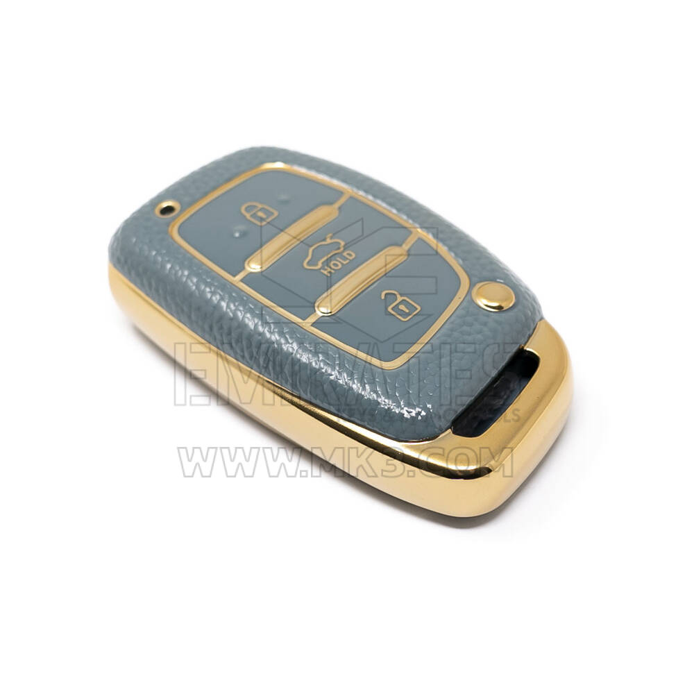 Nuova cover in pelle dorata aftermarket Nano di alta qualità per chiave remota Hyundai 3 pulsanti colore grigio HY-A13J3B | Chiavi degli Emirati
