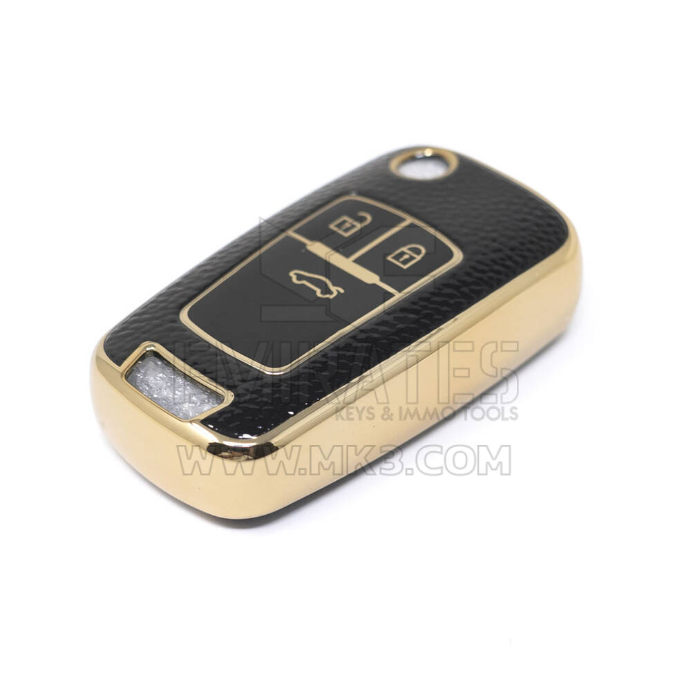 New Aftermarket Nano High Quality Gold Leather Cover For Chevrolet Flip Remote Key 3 Buttons Black Color CRL-A13J3 | Emirates Keys