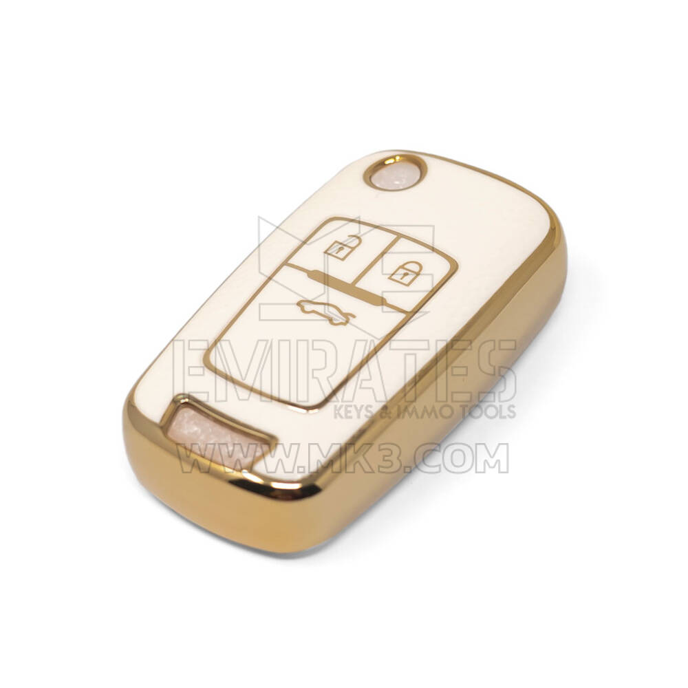 New Aftermarket Nano High Quality Gold Leather Cover For Chevrolet Flip Remote Key 3 Buttons White Color CRL-A13J3 | Emirates Keys