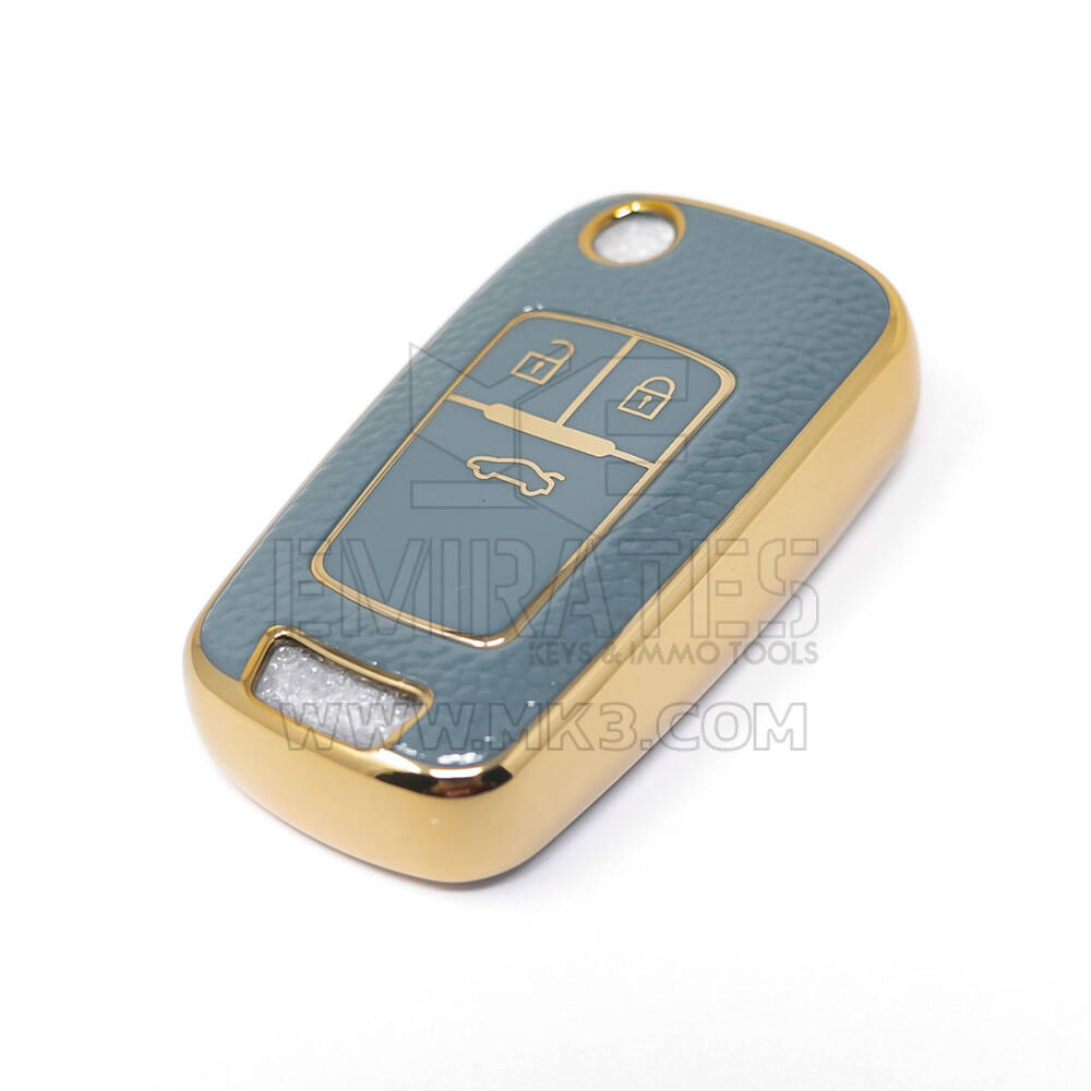 New Aftermarket Nano High Quality Gold Leather Cover For Chevrolet Flip Remote Key 3 Buttons Gray Color CRL-A13J3 | Emirates Keys