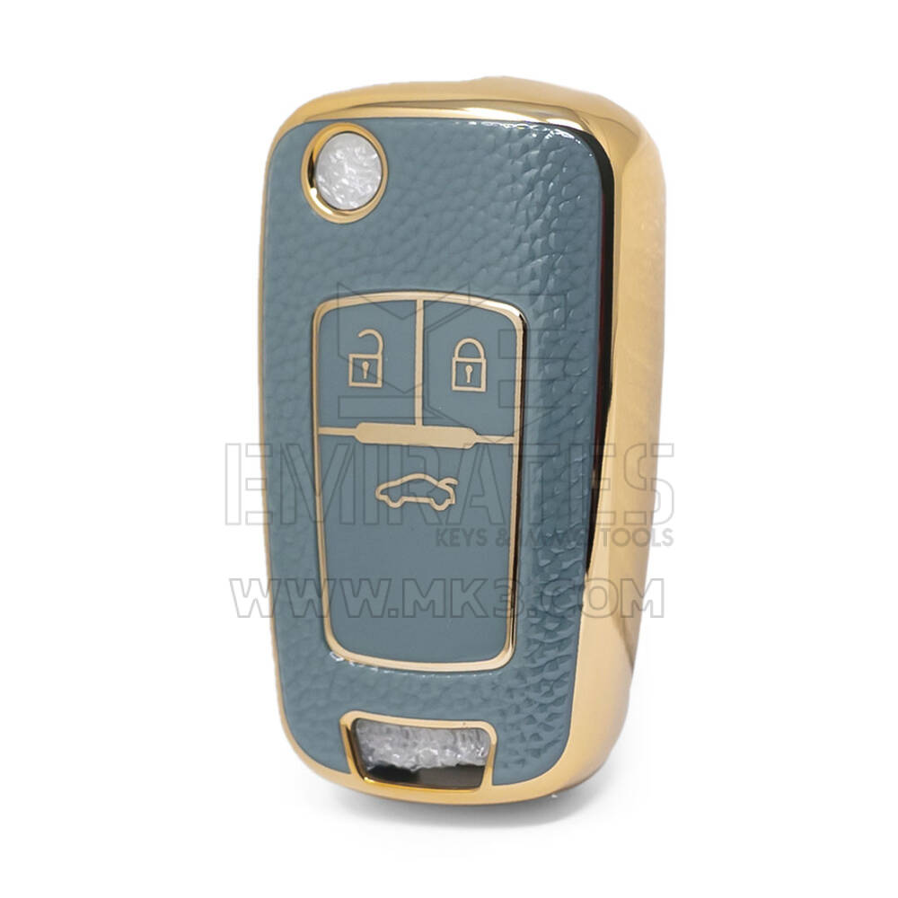 Nano High Quality Gold Leather Cover For Chevrolet Flip Remote Key 3 Buttons Gray Color CRL-A13J3