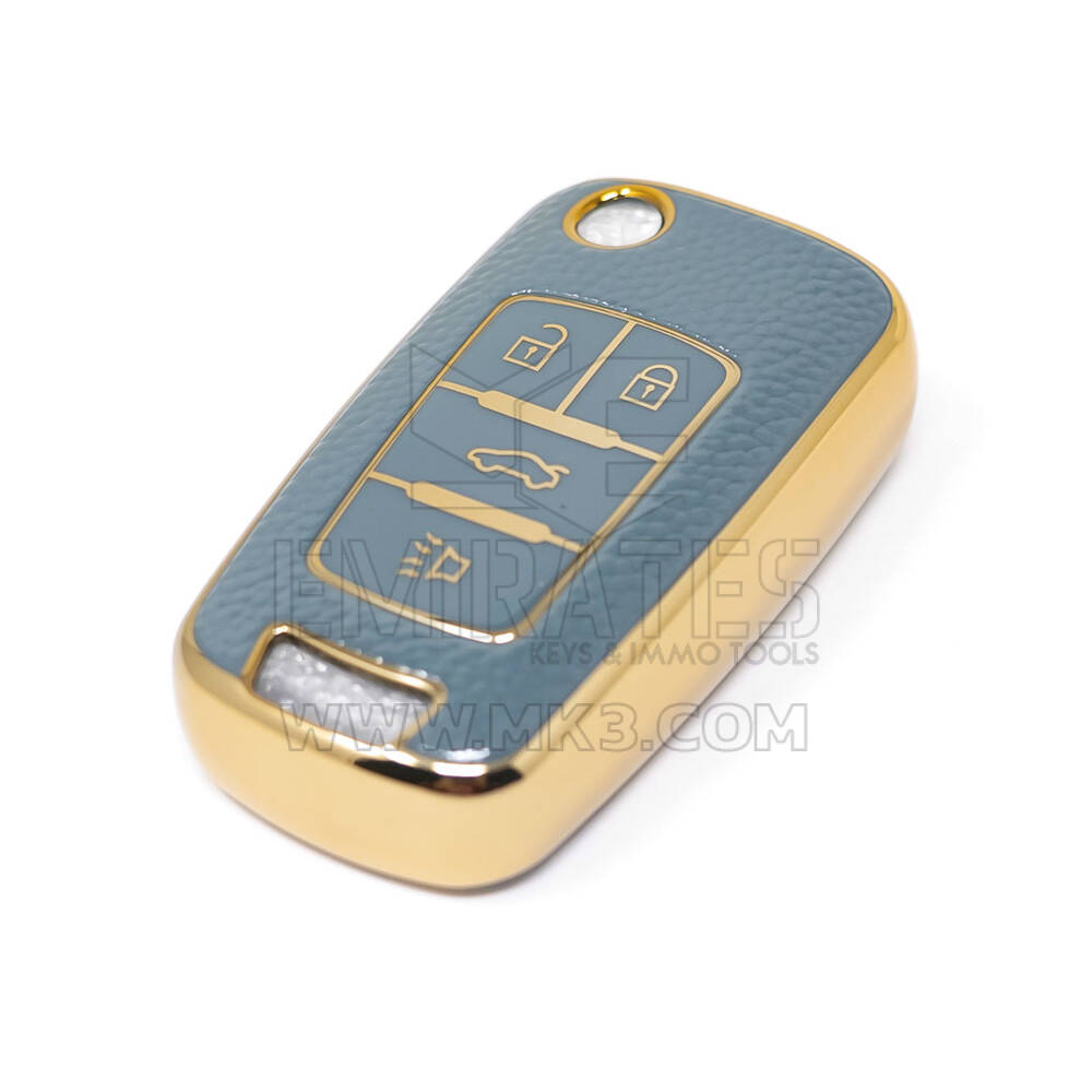 New Aftermarket Nano High Quality Gold Leather Cover For Chevrolet Flip Remote Key 4 Buttons Gray Color CRL-A13J4 | Emirates Keys