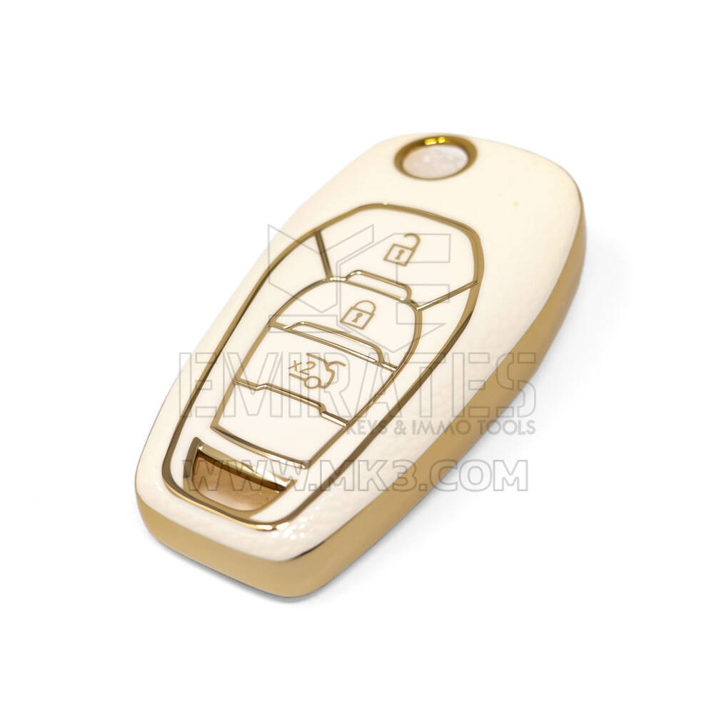 New Aftermarket Nano High Quality Gold Leather Cover For Chevrolet Flip Remote Key 3 Buttons White Color CRL-C13J | Emirates Keys