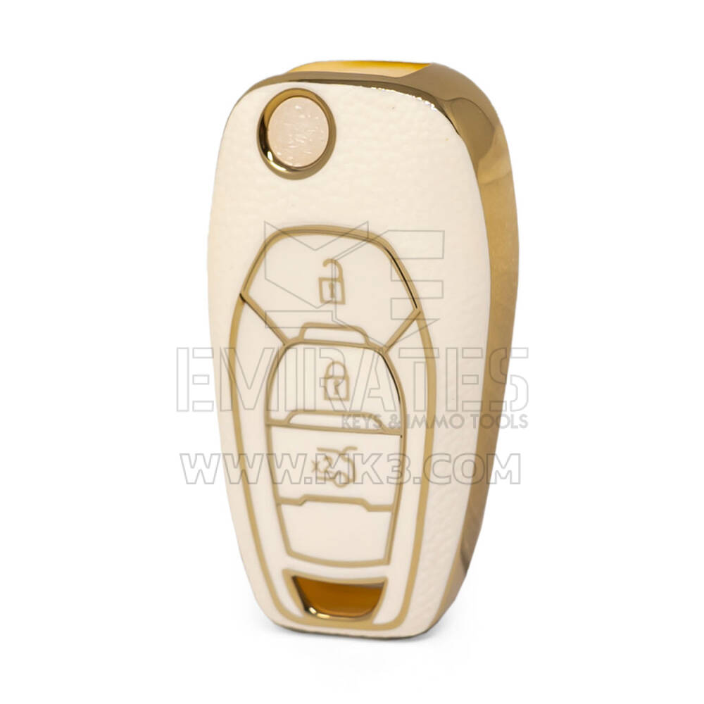 Nano High Quality Gold Leather Cover For Chevrolet Flip Remote Key 3 Buttons White Color CRL-C13J