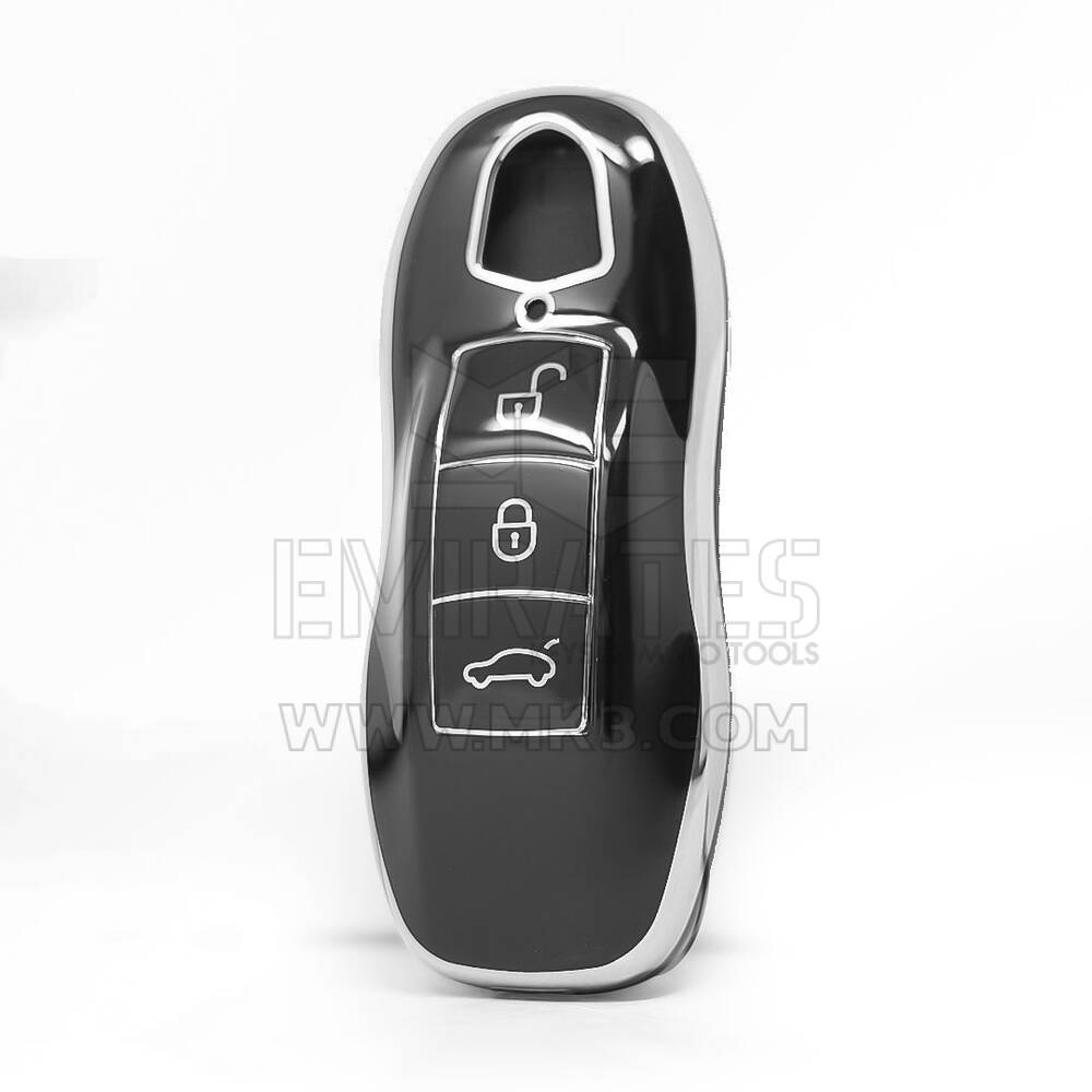 Capa Nano de Alta Qualidade para Chave Remota Porsche 3 Botões Cor Preta Moldura Prateada PSC-A11Y