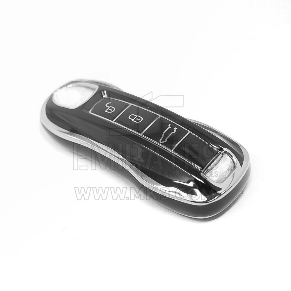 Nova capa Nano de alta qualidade para chave remota Porsche com 3 botões, cor preta, moldura prateada PSC-B11Y | Chaves Emirates