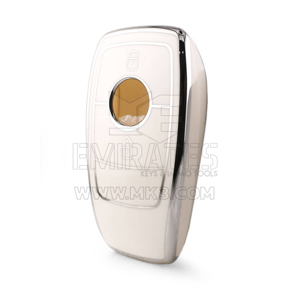 Capa Nano de Alta Qualidade para Chave Remota Mercedes 2 Botões Cor Branca Moldura Prateada Benz-B11Y2