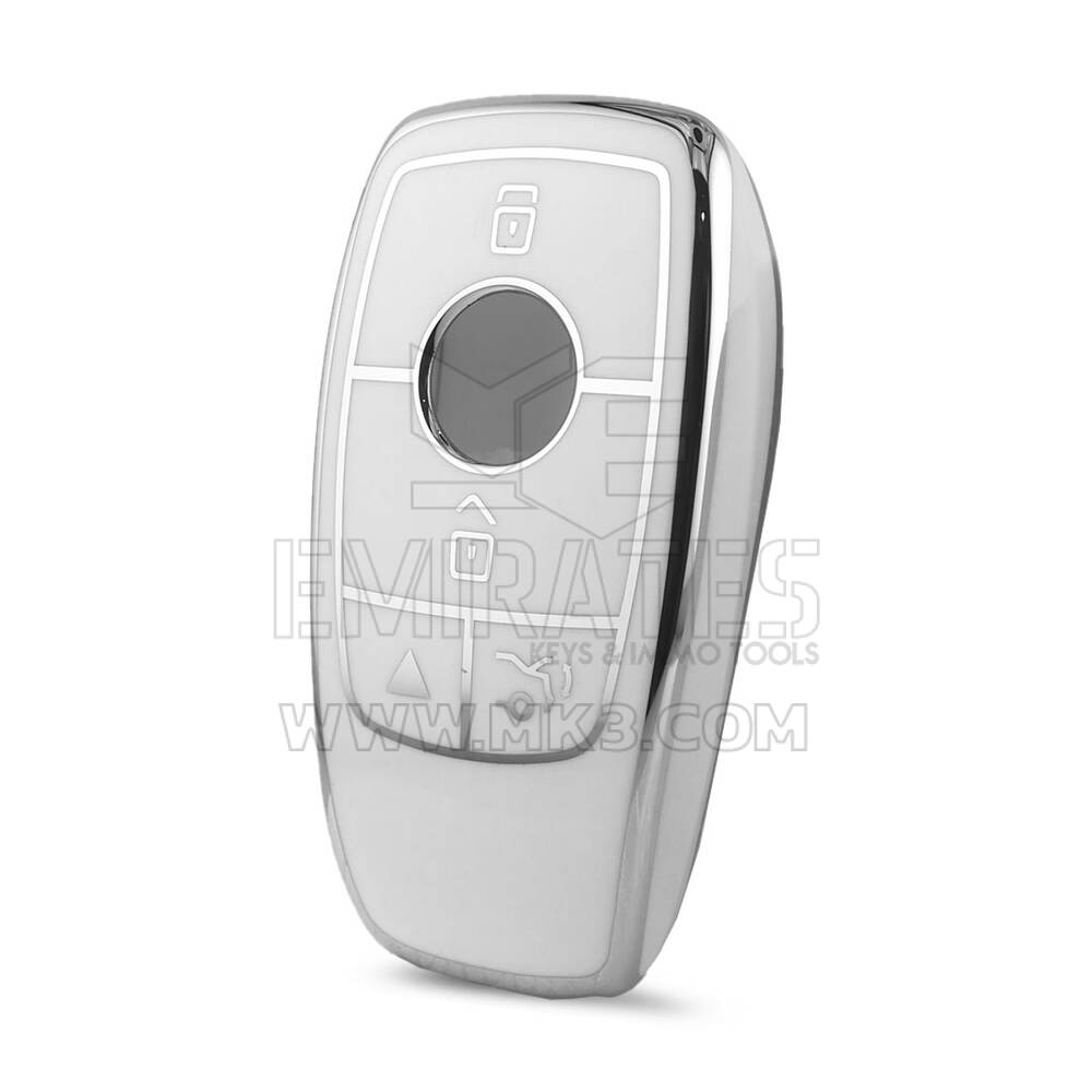 Capa Nano de Alta Qualidade para Chave Remota Mercedes 4 Botões Cor Branca Moldura Prateada Benz-B11Y4