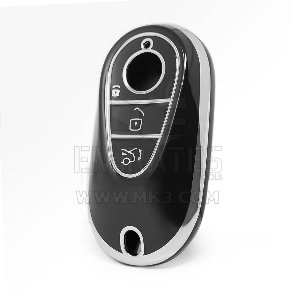Capa Nano de Alta Qualidade para Chave Remota Mercedes 4 Botões Cor Preta Moldura Prateada Benz-C11Y
