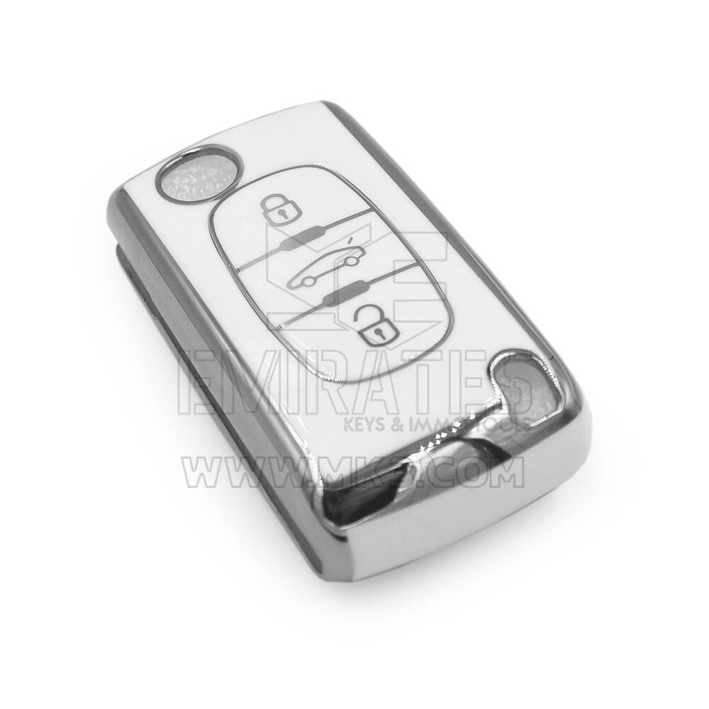 Nueva funda nano de alta calidad para mando a distancia Peugeot de 3 botones, color blanco, marco plateado PG-D11Y3 | Emirates Keys