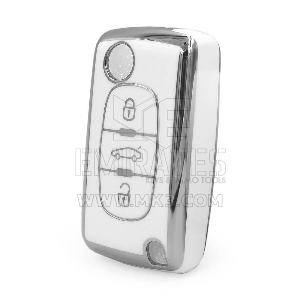 Funda nano de alta calidad para mando a distancia Peugeot de 3 botones, color blanco, marco plateado, PG-D11Y3