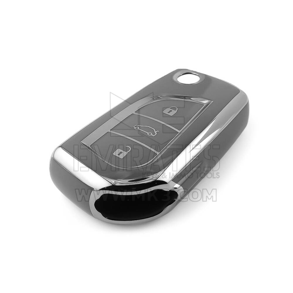 Nueva funda nano de alta calidad para mando a distancia Toyota de 3 botones, color gris oscuro, marco plateado TYT-C11Y3 | Emirates Keys