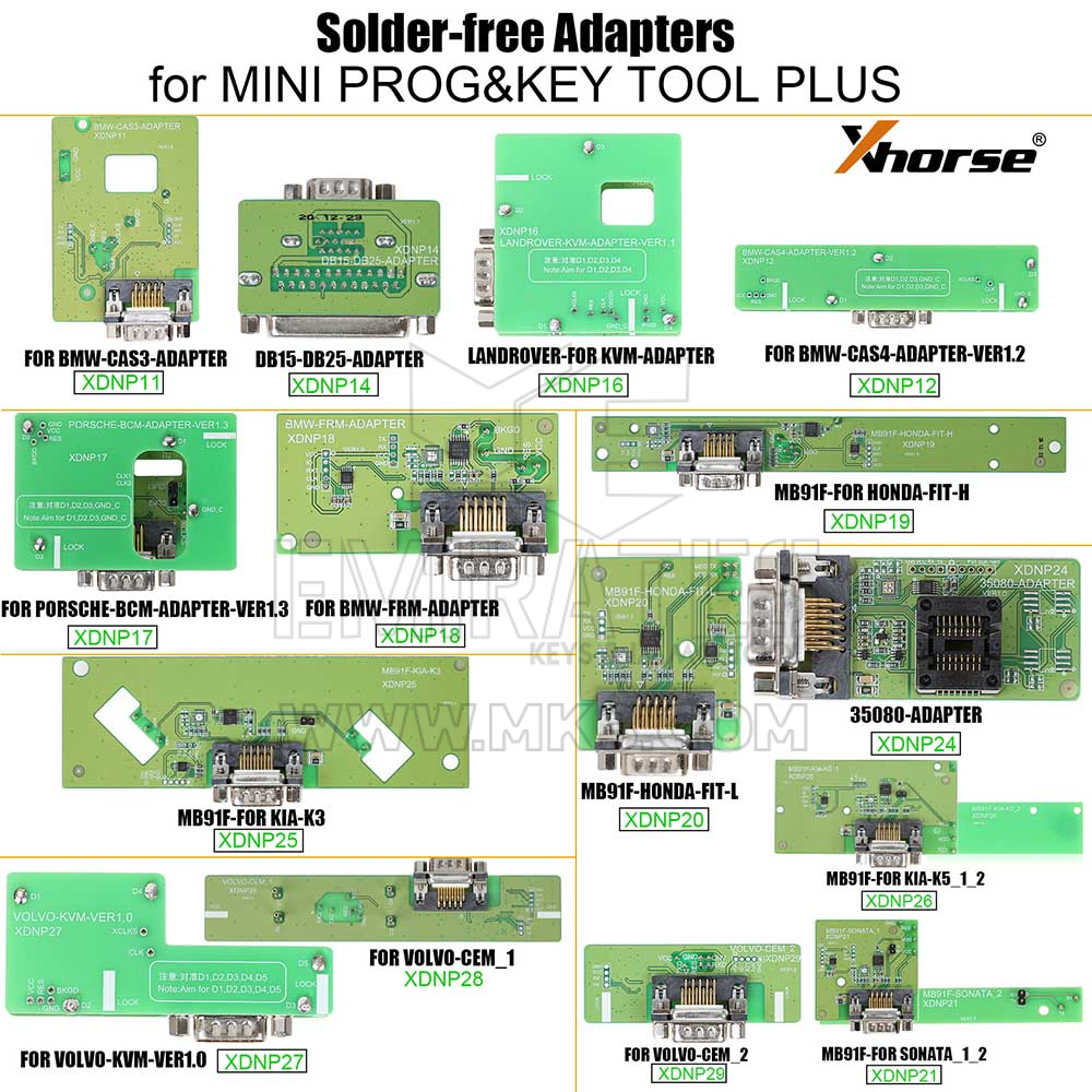 This package contains xhorse mini prog programmer and full set solder free adapters/cables for BMW CAS, Porsche BCM, Land rover KVM, Volvo KVM/CEM etc