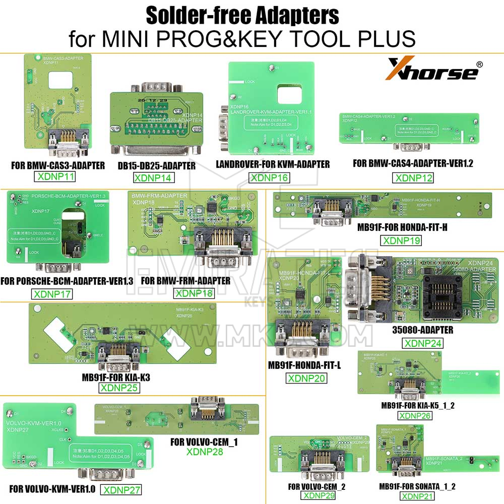 Este paquete contiene un programador xhorse mini prog y un conjunto completo de adaptadores/cables sin soldadura para BMW CAS, Porsche BCM, Land rover KVM, Volvo KVM/CEM, etc.