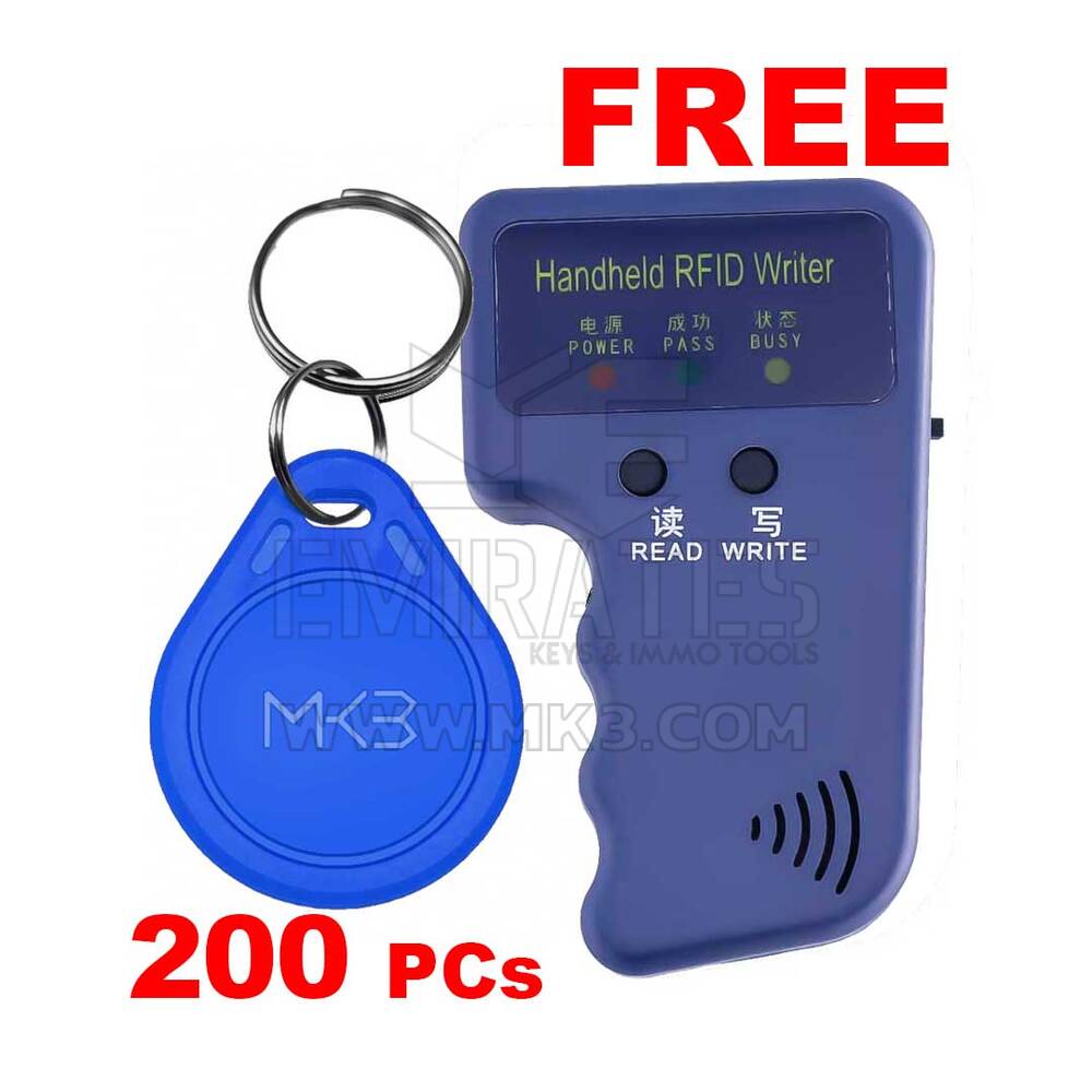 200x RFID 125KHz KEY FOB Proximity T5577 Color azul y duplicador de mano GRATIS