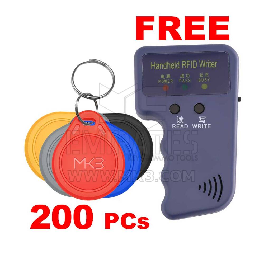 Paquete de 200x RFID 125KHz KEY FOB Proximity T5577 y duplicador de mano GRATIS