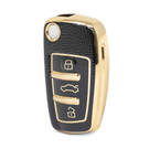 Nano High Quality Gold Leather Cover For Audi Flip Remote Key 3 Buttons Black Color Audi-C13J