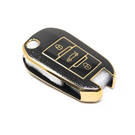 Nuova cover in pelle dorata aftermarket Nano di alta qualità per chiave remota Peugeot Flip 3 pulsanti colore nero PG-C13J | Chiavi degli Emirati -| thumbnail