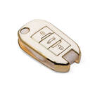 New Aftermarket Nano High Quality Gold Leather Cover For Peugeot Flip Remote Key 3 Buttons White Color PG-C13J  | Emirates Keys -| thumbnail