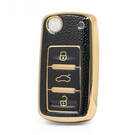 Nano Funda de cuero dorado de alta calidad para llave remota abatible de Volkswagen, 3 botones, Color negro, VW-A13J