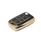 New Aftermarket Nano High Quality Gold Leather Cover For Volkswagen Flip Remote Key 3 Buttons Black Color VW-B13J | Emirates Keys -| thumbnail