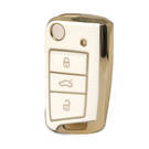 Nano High Quality Gold Leather Cover For Volkswagen Flip Remote Key 3 Buttons White Color VW-B13J