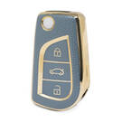Capa de couro dourado nano de alta qualidade para Toyota Flip Remote Key 3 botões cor cinza TYT-C13J