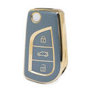 Nano High Quality Gold Leather Cover For Toyota Flip Remote Key 3 Buttons Gray Color TYT-C13J