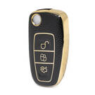 Nano High Quality Gold Leather Cover For Ford Flip Remote Key 3 Buttons Black Color Ford-E13J