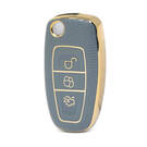 Nano High Quality Gold Leather Cover For Ford Flip Remote Key 3 Buttons Gray Color Ford-E13J