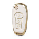 Nano Funda de cuero dorado de alta calidad para llave remota Ford Flip, 3 botones, Color blanco, Ford-F13J